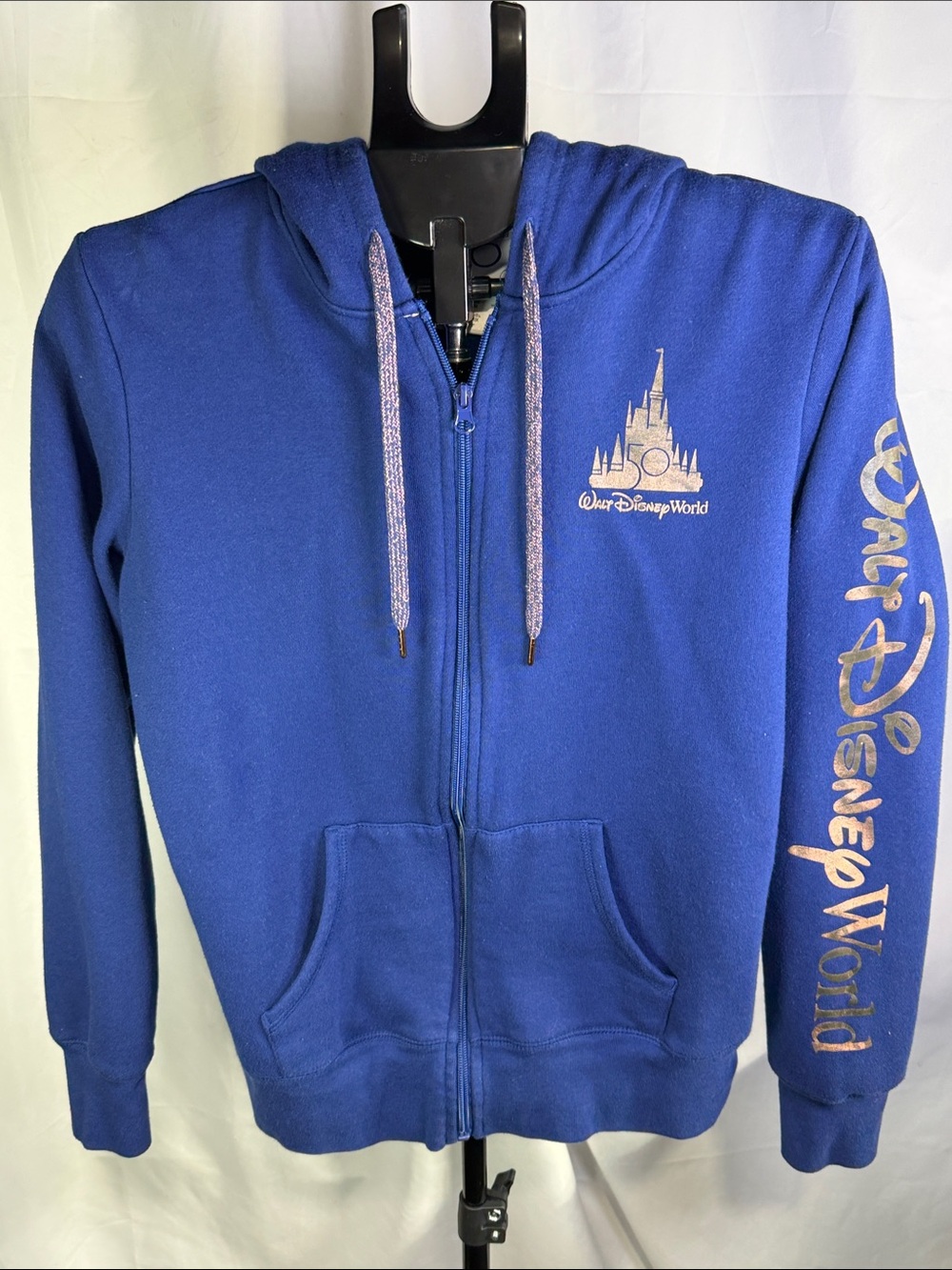 Disney Royal Blue Zip Hoodie with Gold Castle and Script